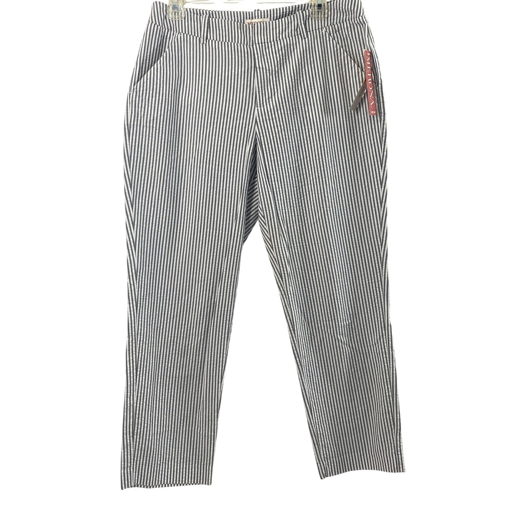 Merona Seersucker Ankle Pants Womens Size 10 Nautical Gray White Striped Coastal